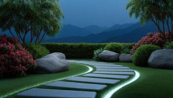 Enchanting natural backyard pathway with glowing stepping stones at night photo