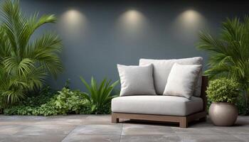 Cozy sofa with ambient lighting in a stylish patio area outdoor haven serene environment photo