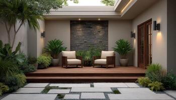Modern backyard oasis with floating steps and linear wall lighting residential home outdoor design photo