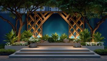 Artistic led lit backyard design with geometric layout modern outdoor space nighttime serenity photo