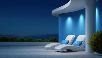 Lounge chairs under minimal shelter with floor lights evening ambiance outdoor space photo