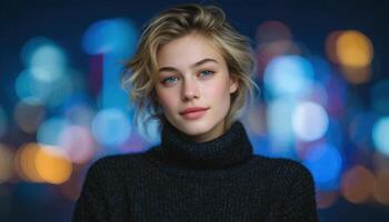 Calm woman in turtleneck with vertical led standard urban nightscape portrait photography photo