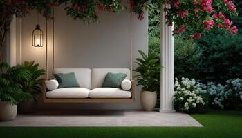 Serene backyard escape with minimalist swing and soft lighting outdoor home decor tranquil vibe photo