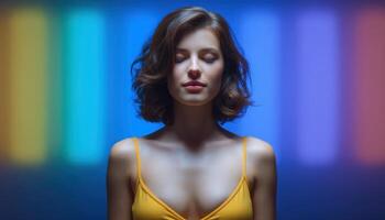 Backlit woman enjoying glowing vertical lights in a pastel spa setting relaxation serenity photo