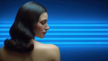 Elegant woman back view with horizontal line lighting studio portrait modern dramatic concept photo