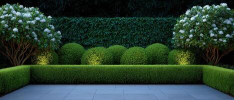 Elegant garden with sculpted hedges and embedded lights outdoor landscape tranquil night view photo