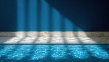 Evening modern pool deck with shadow lighting luxurious home interior serene atmosphere photo