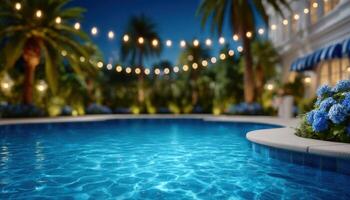 Evening poolside gathering backyard oasis photography relaxing atmosphere tranquil view soothing reflections photo