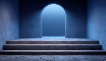 Minimal concrete steps leading to a lit doorframe indoor setting ambient lighting perspective photo
