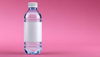 Clear water bottle with minimalist label on pink background product photography modern aesthetic photo
