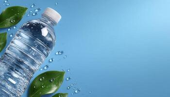 Refreshing water bottle flat lay on clean blue background nature inspired high-resolution visual photo