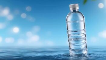 Refreshing clean water bottle product in tranquil blue environment for modern ads photo