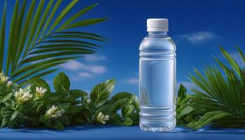 Refreshing hydration product on clean surface with greenery still life natural setting photo
