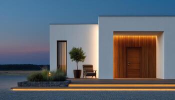 Stylish minimalist home with wooden facade and warm lighting modern architecture outdoor serenity photo