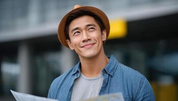 Urban sightseeing adventure asian traveler with map in city environment photo