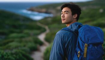 Asian man hiking scenic trail in peaceful setting nature exploration beautiful landscape photo