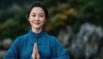 Asian woman practicing tai chi in serene park focused on balance and harmony photo