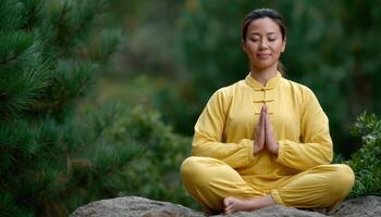 Asian woman practicing tai chi in park focused on balance peaceful nature environment photo