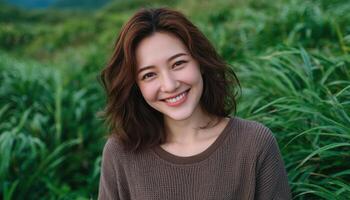 Joyful asian woman smiling in lush green field nature escape outdoor portrait relaxing environment photo