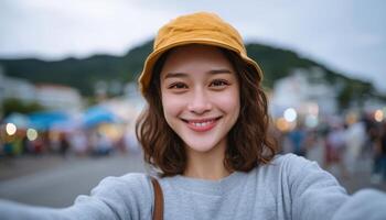 Asian woman taking a selfie on the street casual travel vibe urban environment joyful moment photo