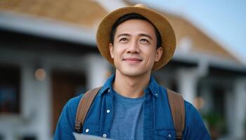 Cultural exploration by an asian man at heritage site travel context outdoor environment inspiring journey photo