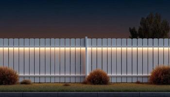 Illuminated backyard fence at night outdoor decor soft glow tranquil atmosphere photo