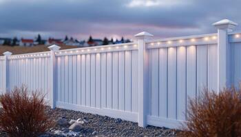 Backyard nighttime glow illuminated fence decor residential garden outdoor lighting tranquil atmosphere photo