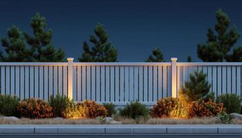 Serene nighttime backyard fence view with glowing lines outdoor landscape tranquil aesthetic photo