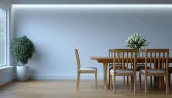 Bright modern dining room with under table strip lights minimalist style contemporary design photo