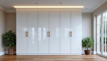 Modern built-in closet with warm strip lights elegant home design minimalist style photo