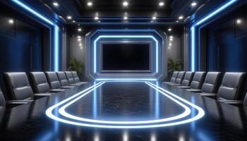Futuristic dining space with black furniture and glowing accents modern design interior sleek environment photo