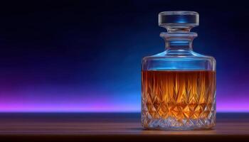 Elegant whiskey decanter on backlit shelf home bar decor modern style warm lighting photo