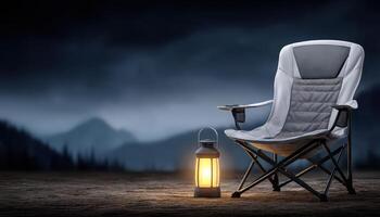 Contemporary camping gear setup outdoor folding chair and lantern nighttime serenity photo