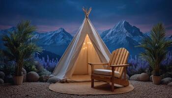 Chic camping mood setup with led lights majestic mountains outdoor living nighttime serenity photo