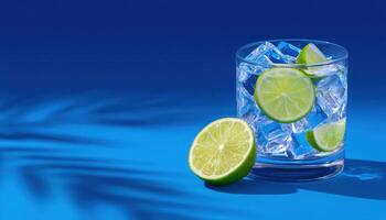 Elegant gin and tonic with ice blue background drink photography minimalist style photo