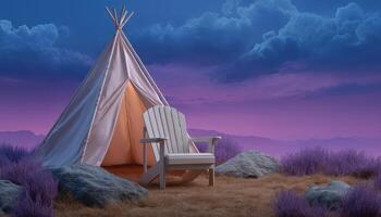 Glowing tent entrance with chair at night minimalist design serene landscape view photo