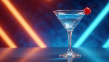 Elegant clean martini glass with cherry under geometric led strips modern bar setting photo