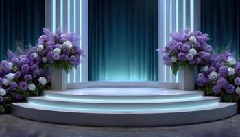 Elegant modern wedding stage design with line lighting and floral accents photo