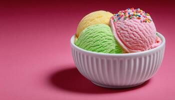 Colorful ice cream scoops in modern bowl with stylish strip lighting photo