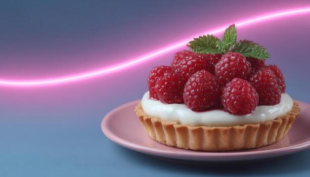 Raspberry tart delight minimalist night setting food photography neon background artistic view photo