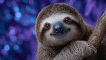 Slowmoving sloth hanging from glowing branch in lush jungle environment close-up view photo