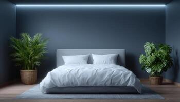 Modern dark-themed bedroom with glowing strip lights minimalist design indoor plants photo
