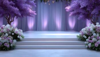 Elegant wedding reception with glowing backdrops in a charming venue beautiful floral decor photo