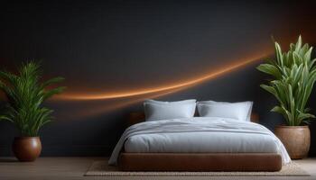 Spacious contemporary bedroom design dark background interior photography cozy atmosphere wide angle photo