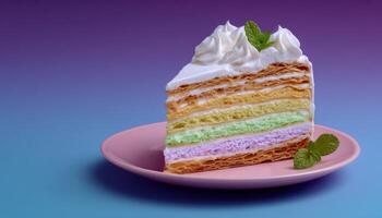 Transforming sweet delights stylish mille crepe cake displayed under led glow in cozy ambiance photo