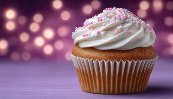 Delightful frosted cupcake with pastel sprinkles festive setting close-up view bakery concept photo