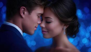 Elegant couple embrace under soft blue lights romantic atmosphere intimate photography photo
