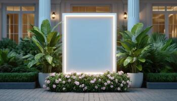 Illuminated led wedding frame outdoor garden evening ambiance romantic setting minimalist design photo