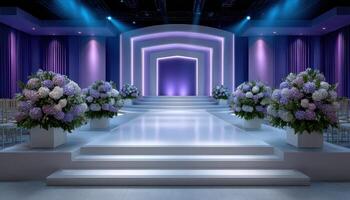 Elegant wedding stage design with structured lighting indoor venue floral decor contemporary style photo