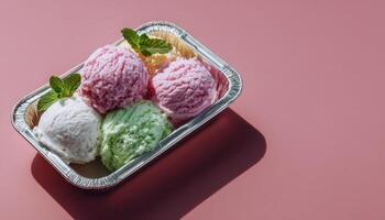 Colorful ice cream scoops on metal tray in sunlight modern food photography contemporary style photo